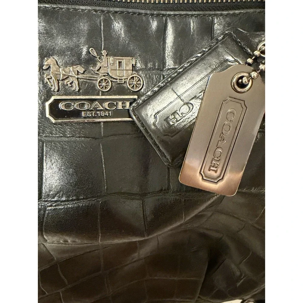 Vintage Coach Purse Madison Crocodile-Embossed Leather Black Purple Satin Lining
